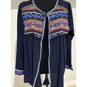 Arianna Indian Aztec Native woven Tie Front Embroidered Tapestry top L XL Tassel